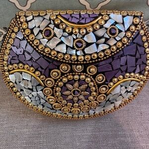 RAMLA Handmade Mosaic Mother-of-Pearl & Purple Stone Half-Moon Clutch | NWOT